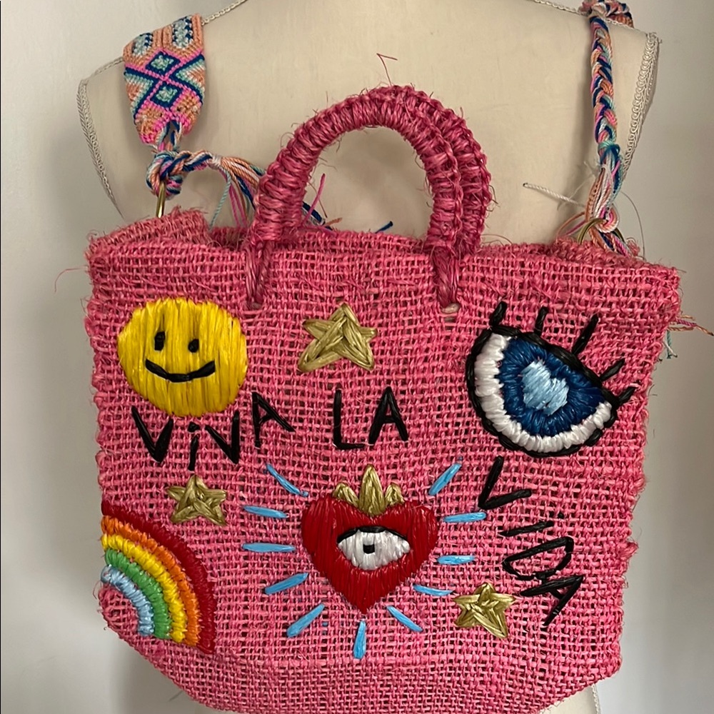 Vibrant Pink Embroidered Straw Crossbody Tote